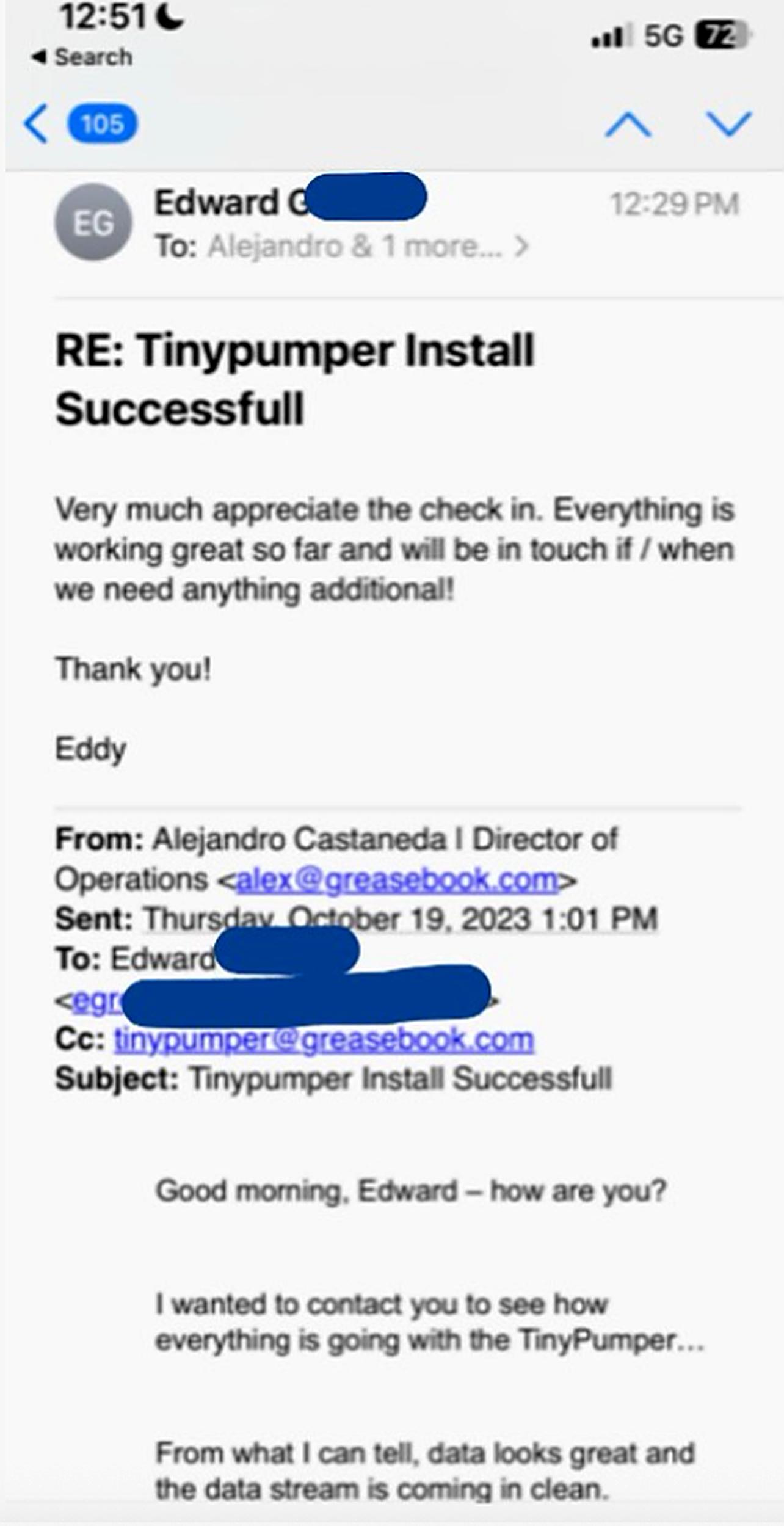 Customer email: TinyPumper install successful, everything working great