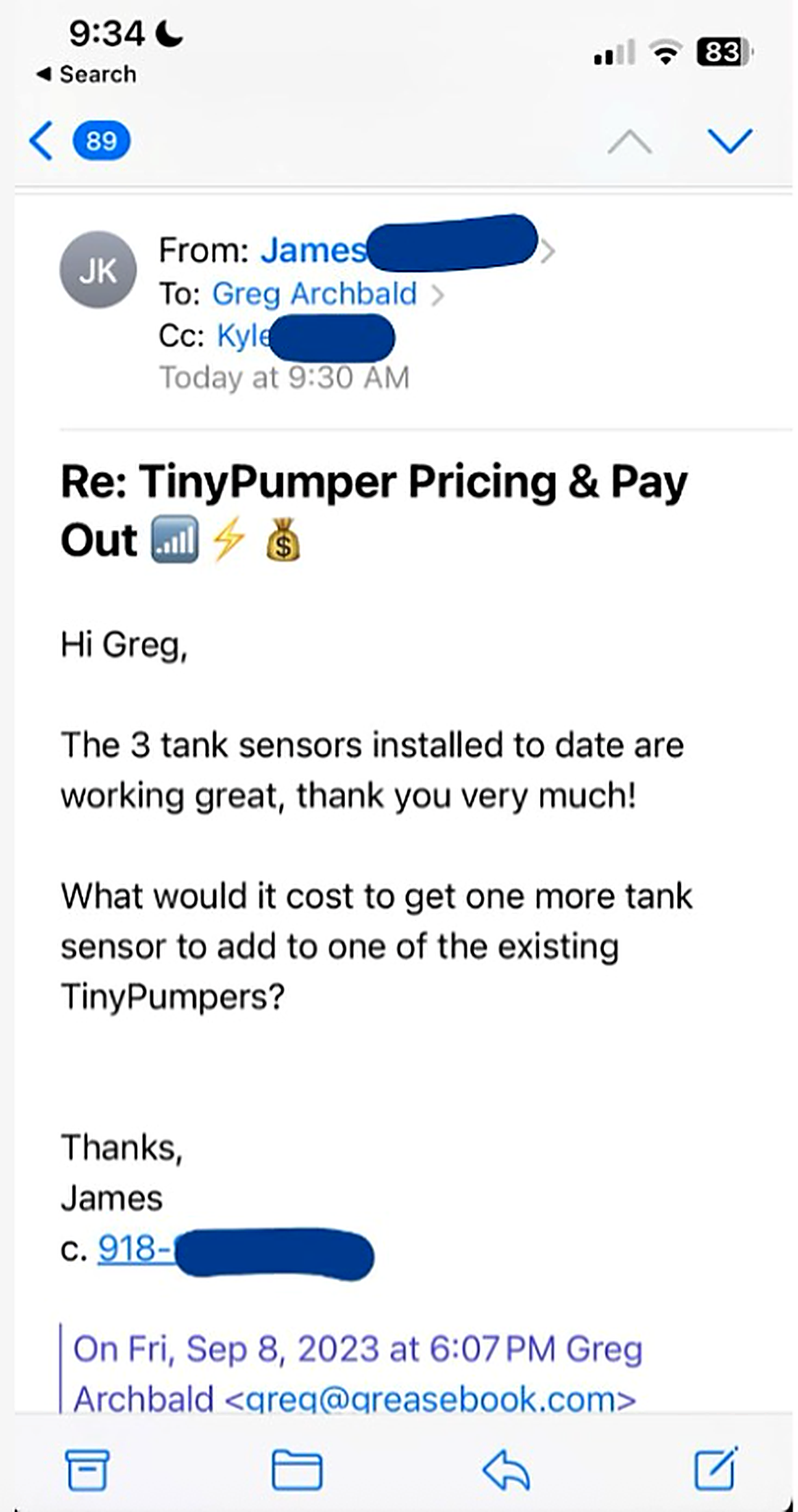 Customer email: 3 tank sensors working great, wants to add more