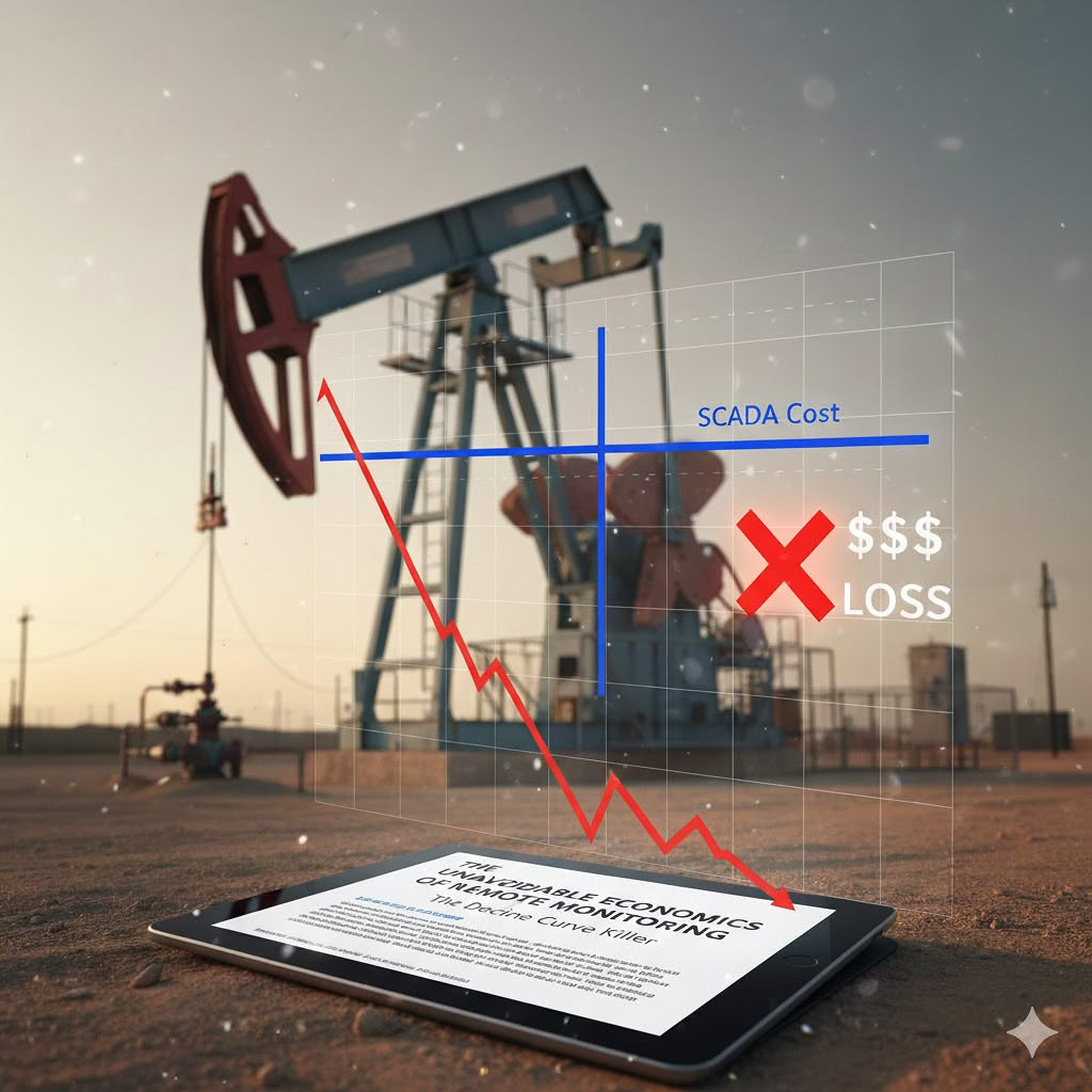 Pumpjack with SCADA cost curve and rising loss — the unavoidable economics of remote monitoring