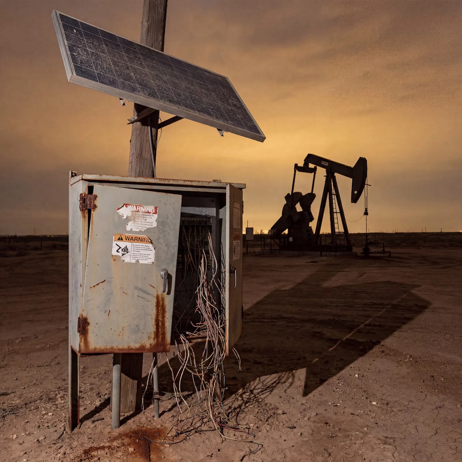 A rusted SCADA control cabinet with its door open and wiring spilling out, a pumpjack still working in the background at dusk