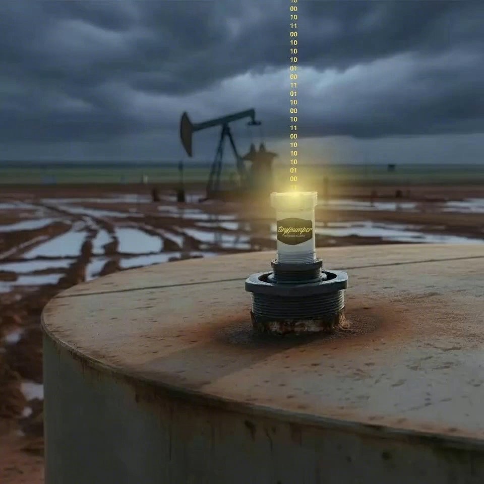 A TinyPumper sensor mounted on a tank thief hatch, reporting in through a storm, pumpjack in the distance