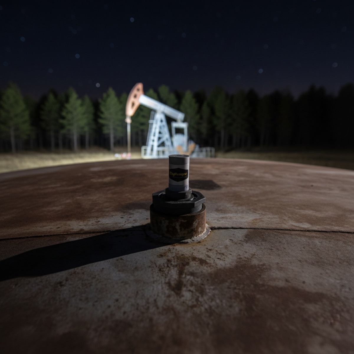 A TinyPumper sensor on a tank under a starry night sky, pumpjack working behind it