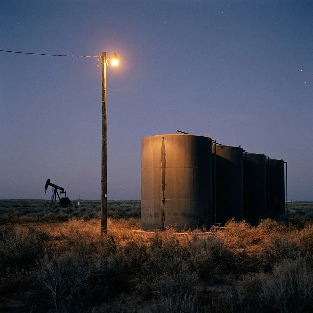 A tank battery at night under a single pole light, a dark streak running down the front tank, a pumpjack silhouetted in the distance