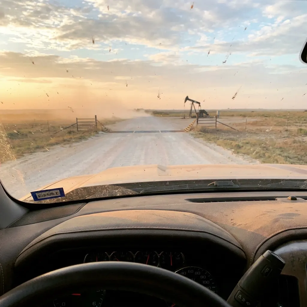 A caliche lease road seen through a bug-specked windshield at dawn, a cattle guard ahead and a pumpjack off the road